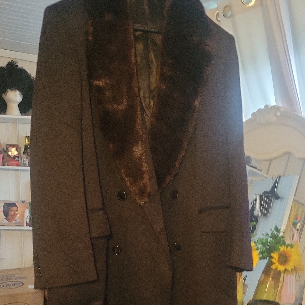 Harve Benard Black Over Coat with Real Mink Fur Collar